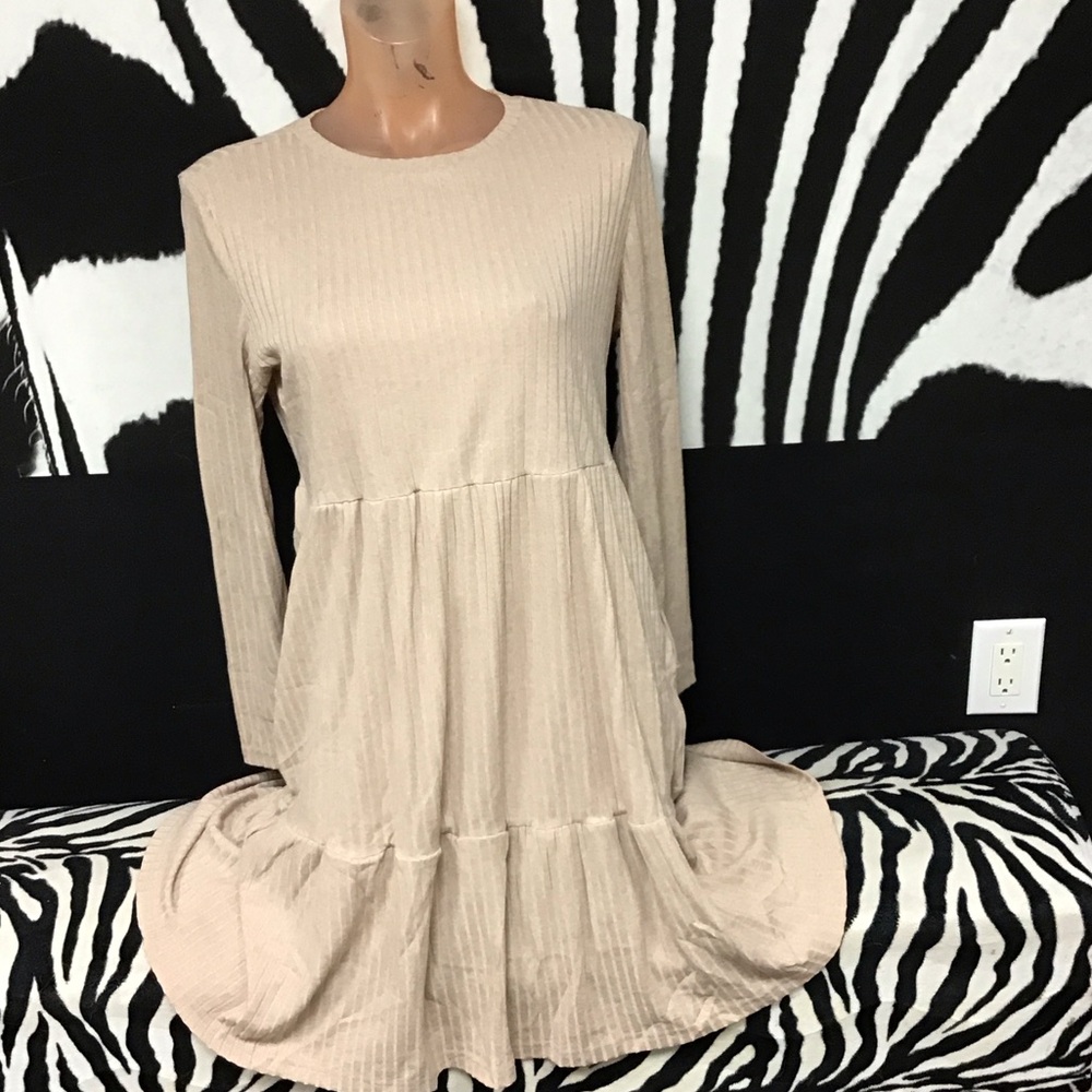 Zeagoo Beige Ribbed Knit Midi dress